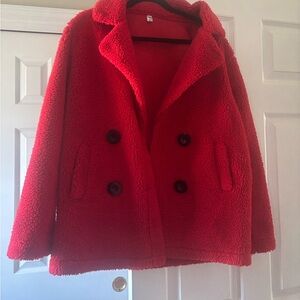 Vici Red Double-Breasted Teddy Coat
